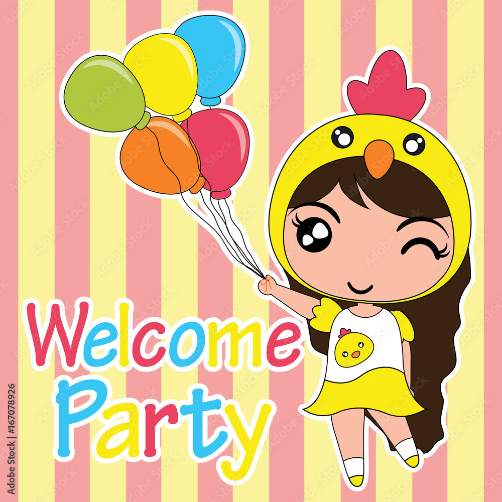Birthday card vector cartoon illustration with cute chick girl brings  balloons suitable for birthday invitation card design, and party wallpaper  Stock Vector | Adobe Stock