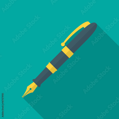 Pen icon with long shadow. Flat design style. Fountain pen simple silhouette. Modern, minimalist icon in stylish colors. Web site page and mobile app design vector element.