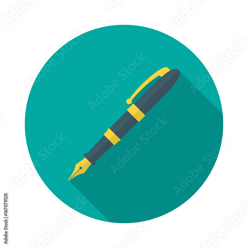 Pen circle icon with long shadow. Flat design style. Fountain pen simple silhouette. Modern, minimalist, round icon in stylish colors. Web site page and mobile app design vector element.