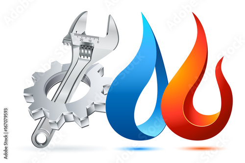     Icon Symbol Logo für Heizungsmonteur - Zahnrad, Rollgabelschluessel, Wasser und Feuer