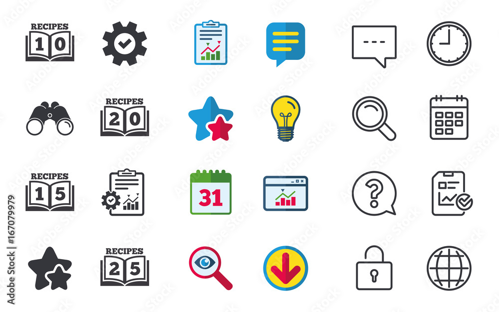 Cookbook icons. Twenty five recipes book sign. Cookbook icons. Twenty five recipes book sign.
