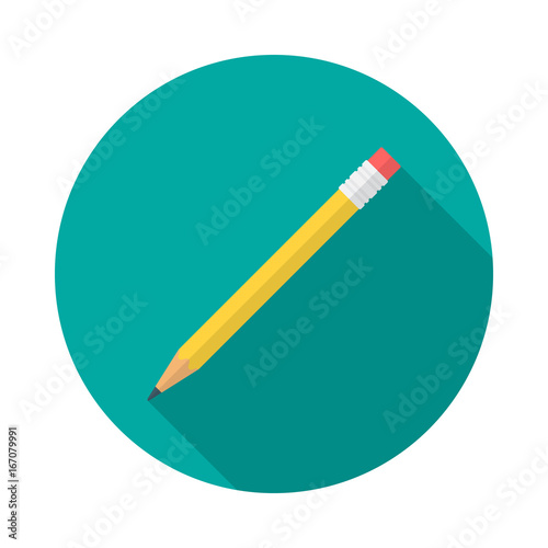 Pencil circle icon with long shadow. Flat design style. Pencil simple silhouette. Modern, minimalist, round icon in stylish colors. Web site page and mobile app design vector element.