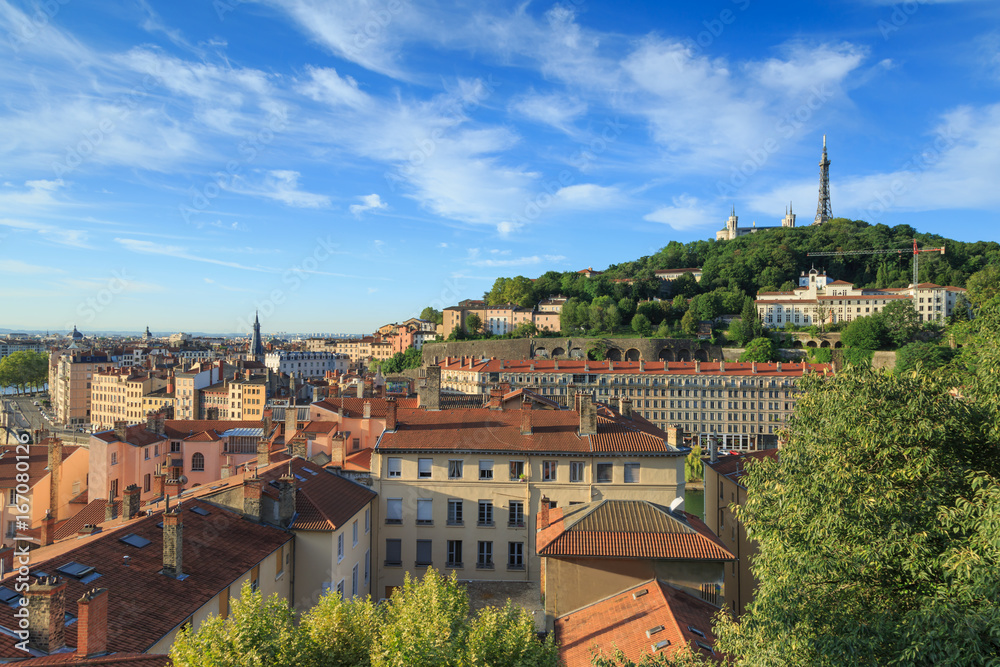 Summer view over Vieux Lyon, with famous cathedral Fourviere, and Croix Rousse in Lyon, France.