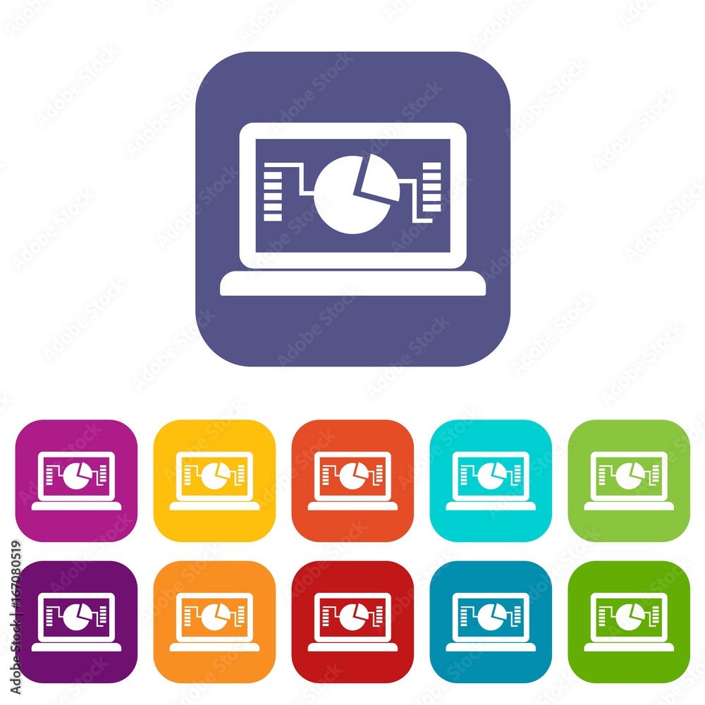 Laptop with business graph icons set Laptop with business graph icons set