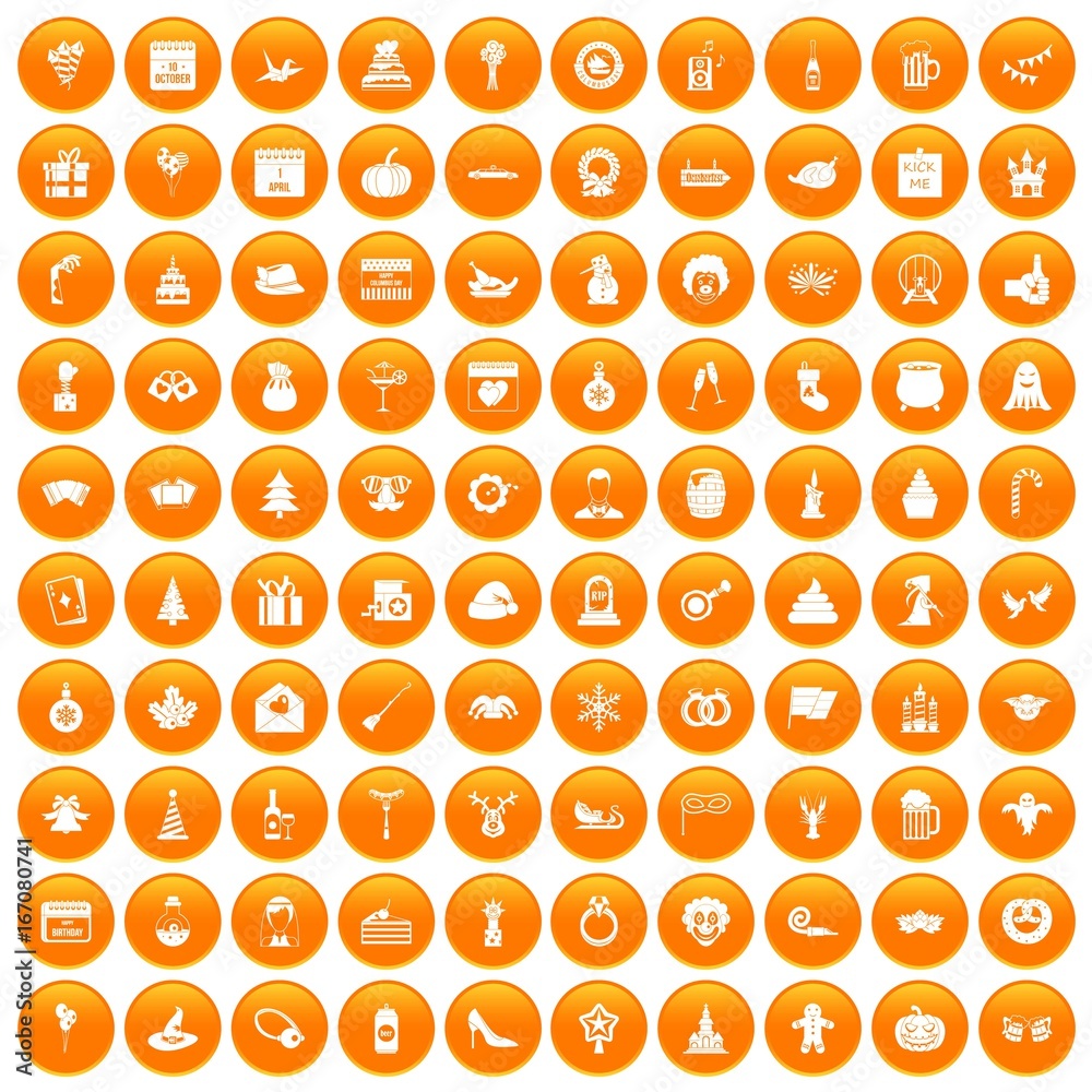100 holidays icons set orange