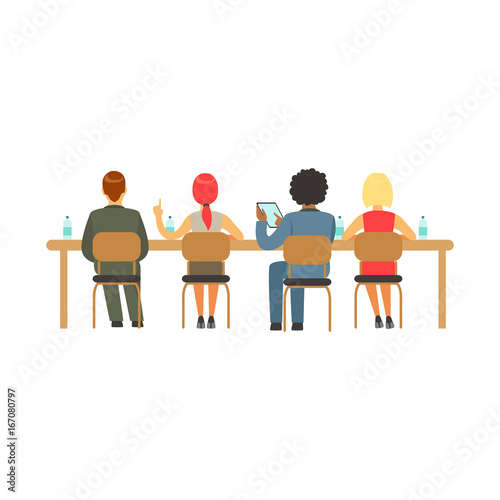 Students sitting at desks at college or university auditorium, back view, high school education vector Illustration