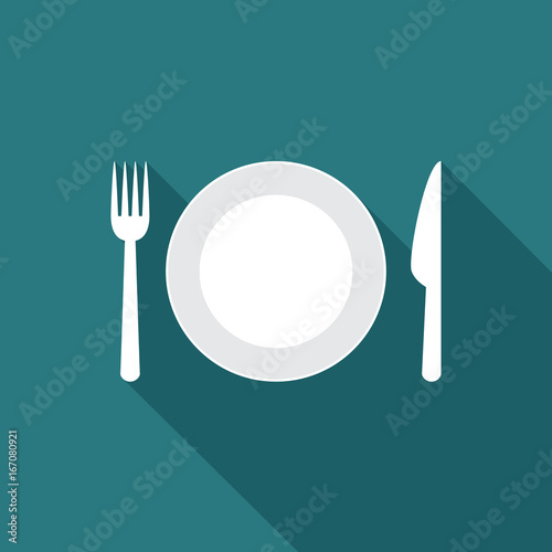 Plate icon with long shadow. Flat design style. Plate simple silhouette. Modern, minimalist icon in stylish colors. Web site page and mobile app design vector element.