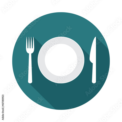 Plate circle icon with long shadow. Flat design style. Plate simple silhouette. Modern, minimalist, round icon in stylish colors. Web site page and mobile app design vector element.