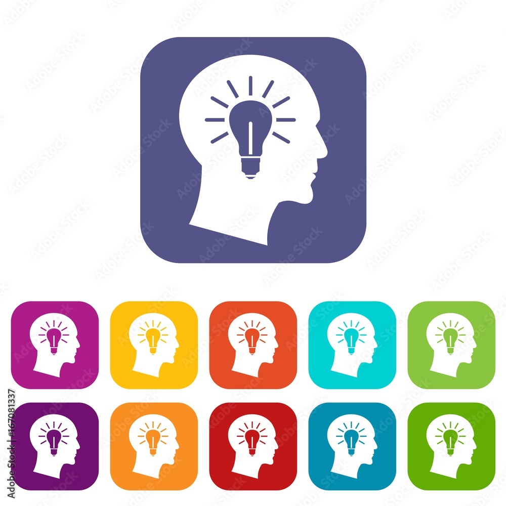 Light bulb inside head icons set Light bulb inside head icons set