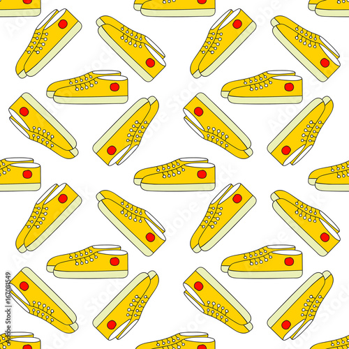Seamless pattern vector hand drawn doodle teenager sneakers, bright yellow red, random order, repeatable, wallpaper, fabric, gift wrapping, quilt