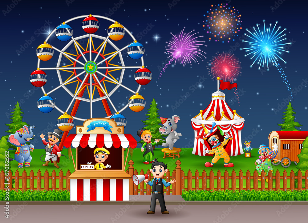 Amusement park landscape at night with fireworks Amusement park landscape at night with fireworks