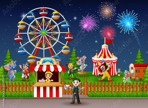 Amusement park landscape at night with fireworks