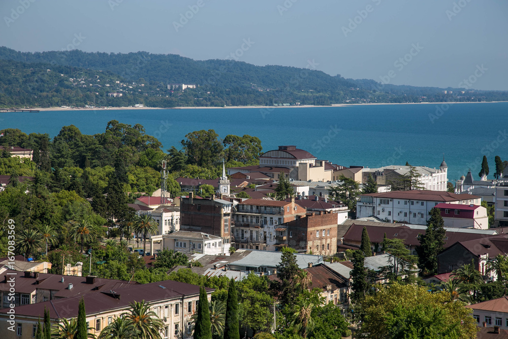 Day aerial cityscape of Sukhum downtown, Abkhazia in summer, Black sea coast