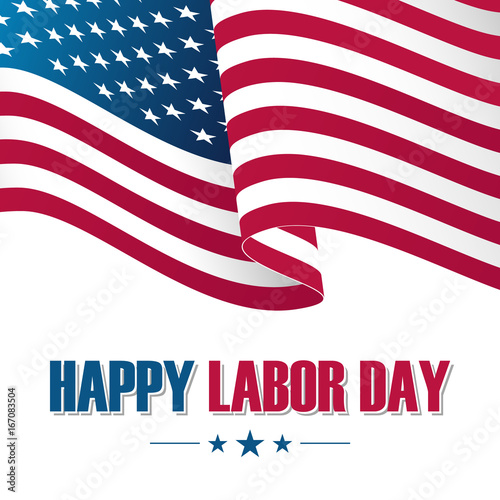 Happy Labor Day greeting card with waving United States national flag. Vector illustration.