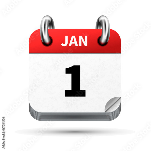 Bright realistic icon of calendar with 1st january date isolated on white
