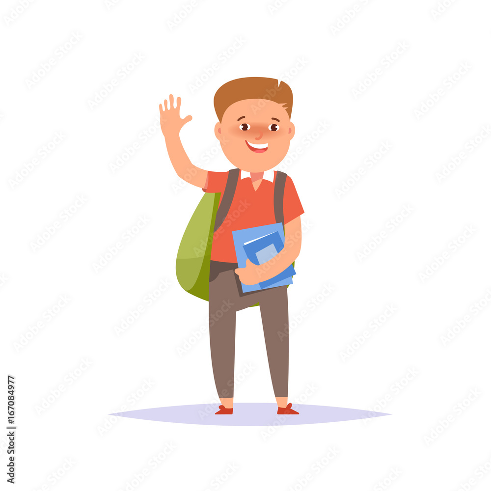 Elementary school boy with textbook and backpack Elementary school boy with textbook and backpack