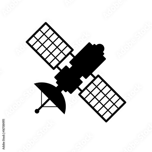 Satellite icon. Black, minimalist icon isolated on white background. Satellite simple silhouette. Web site page and mobile app design vector element.