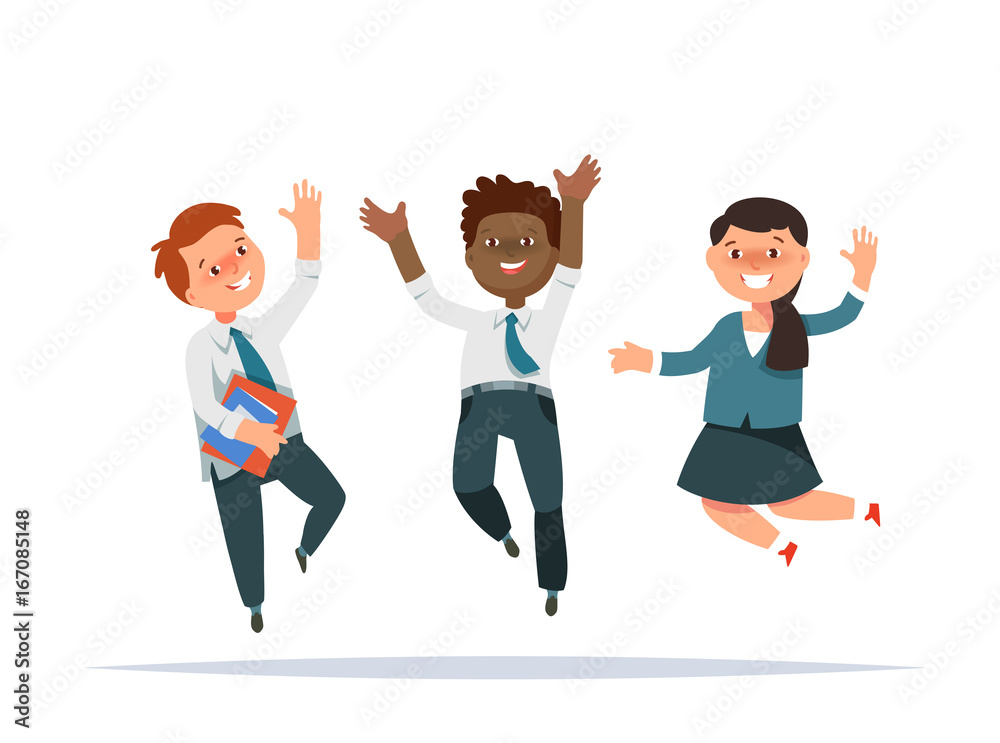 Happy group elementary school boy and girl jumping in cartoon style.