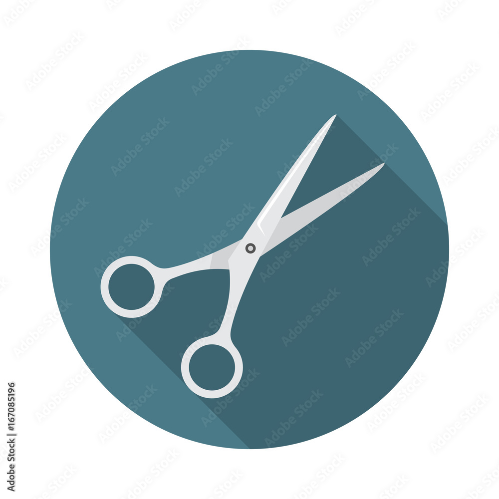 Scissors circle icon with long shadow. Flat design style. Shears simple silhouette. Modern, minimalist, round icon in stylish colors. Web site page and mobile app design vector element. Scissors circle icon with long shadow. Flat design style. Shears simple silhouette. Modern, minimalist, round icon in stylish colors. Web site page and mobile app design vector element.