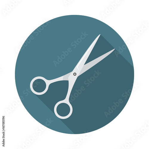 Scissors circle icon with long shadow. Flat design style. Shears simple silhouette. Modern, minimalist, round icon in stylish colors. Web site page and mobile app design vector element.