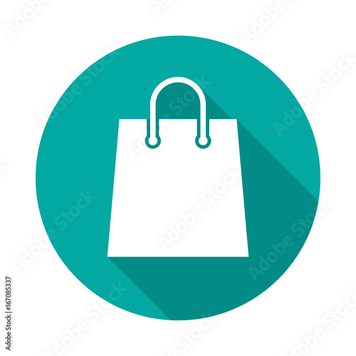Shopping bag circle icon with long shadow. Flat design style. Paper bag simple silhouette. Modern, minimalist, round icon in stylish colors. Web site page and mobile app design vector element.