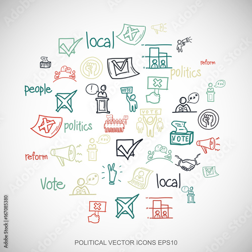 Multicolor doodles Hand Drawn Politics Icons set on White. EPS10 vector illustration.
