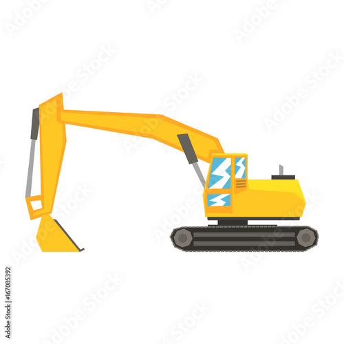 Yellow excavator, heavy industrial machinery, construction equipment vector Illustration