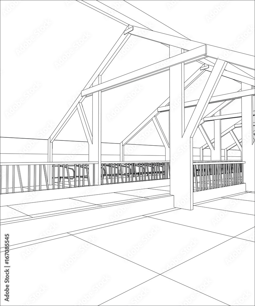 Abstract industrial building constructions indoor. Tracing illustration of 3d.