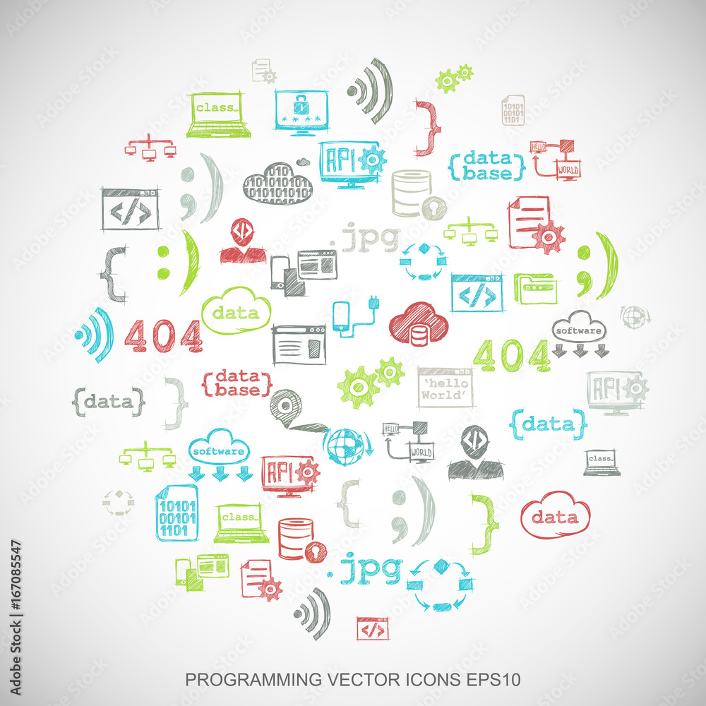 Multicolor doodles Hand Drawn Programming Icons set on White. EPS10 vector illustration. Multicolor doodles Hand Drawn Programming Icons set on White. EPS10 vector illustration.
