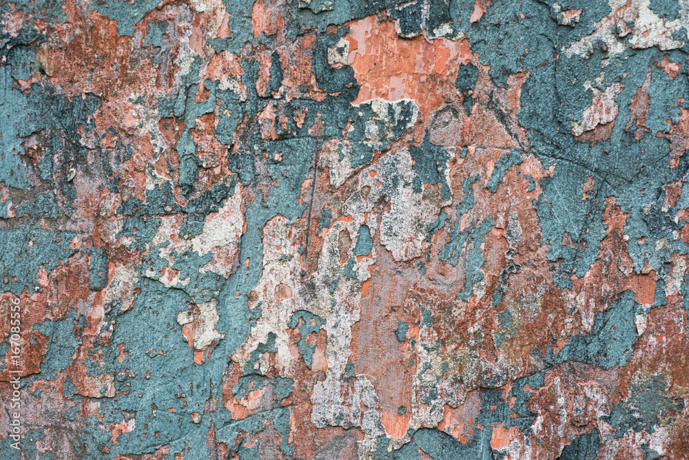 Grungy decaying cracked and peeling paint plaster wall texture background
