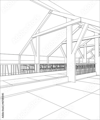 Abstract industrial building constructions indoor. Tracing illustration of 3d.