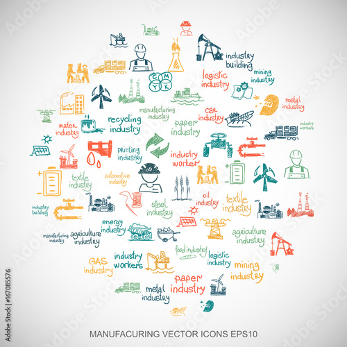 Multicolor doodles Hand Drawn Industry Icons set on White. EPS10 vector illustration.