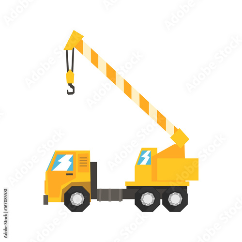 Yellow truck mounted hydraulic crane cartage, heavy industrial machinery vector Illustration