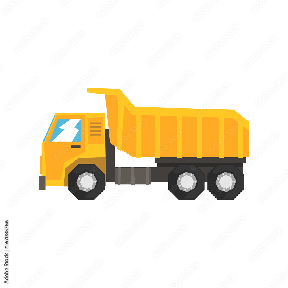 Yellow dump truck, heavy industrial machinery vector Illustration