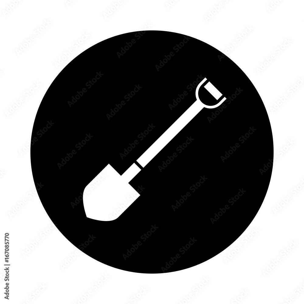 Shovel circle icon. Black, round, minimalist icon isolated on white background. Shovel simple silhouette. Web site page and mobile app design vector element. Shovel circle icon. Black, round, minimalist icon isolated on white background. Shovel simple silhouette. Web site page and mobile app design vector element.