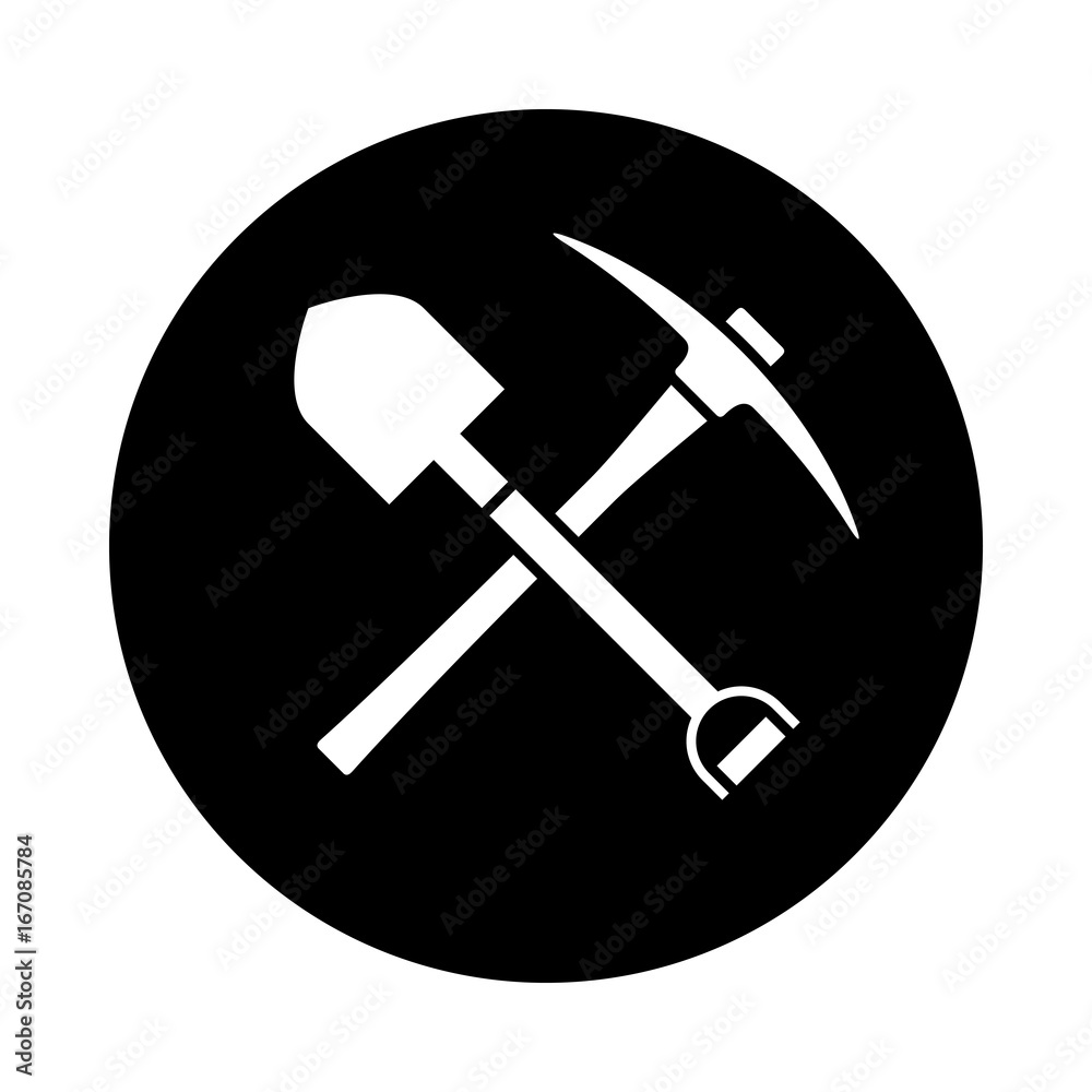 Shovel and pickaxe icon. Black icon isolated on white background. Round icon. Shovel and pick axe silhouette. Simple circle icon. Web site page and mobile app design vector element. Shovel and pickaxe icon. Black icon isolated on white background. Round icon. Shovel and pick axe silhouette. Simple circle icon. Web site page and mobile app design vector element.