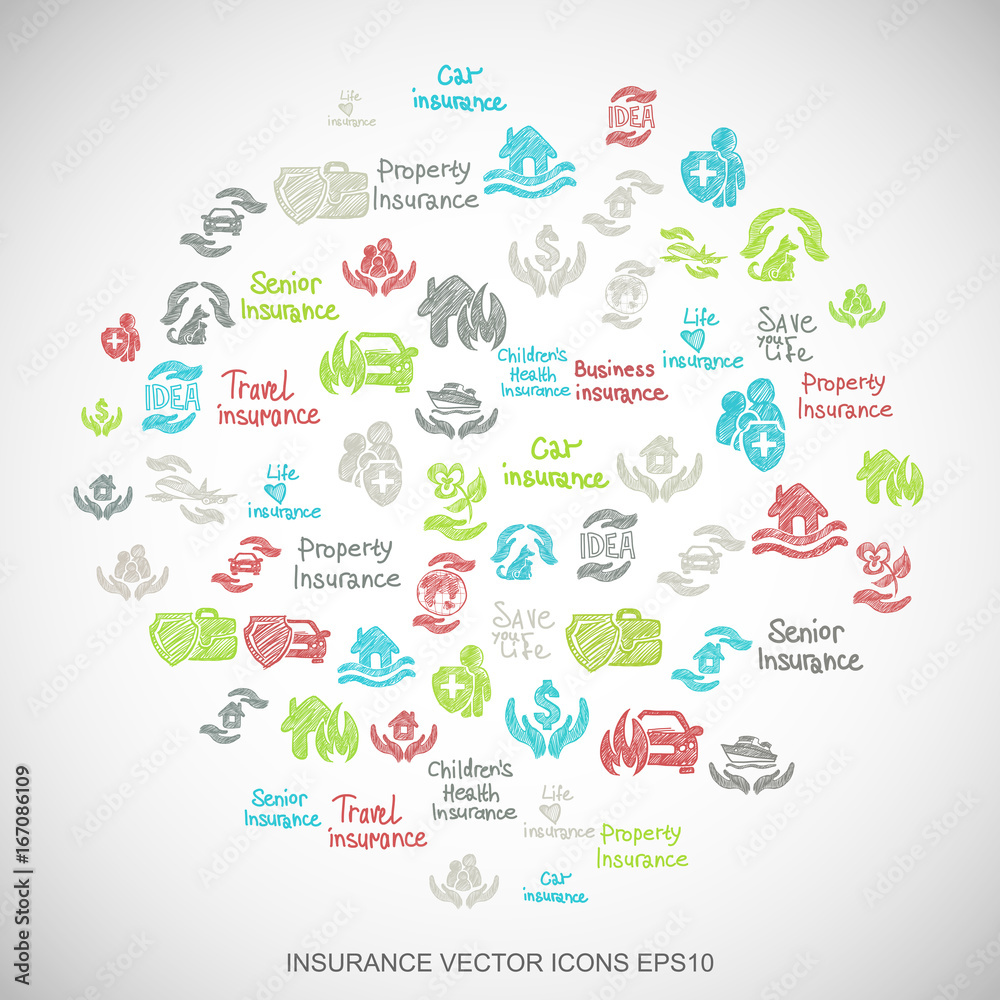 Multicolor doodles Hand Drawn Insurance Icons set on White. EPS10 vector illustration. Multicolor doodles Hand Drawn Insurance Icons set on White. EPS10 vector illustration.