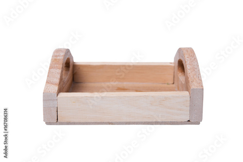 Wooden tray, small empty wooden tray isolated on white background. Clipping path included.