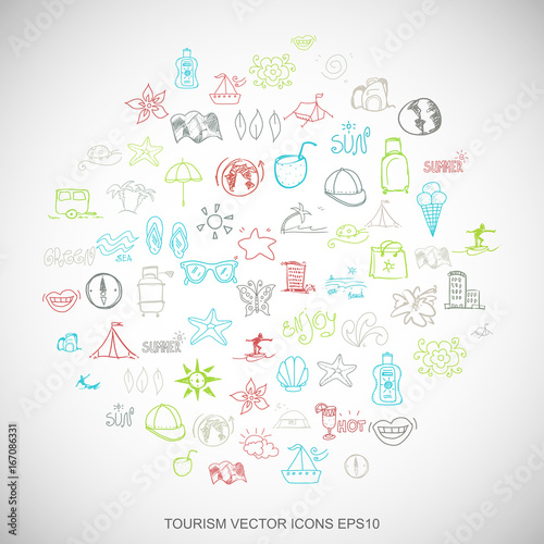 Multicolor doodles Hand Drawn Vacation Icons set on White. EPS10 vector illustration.