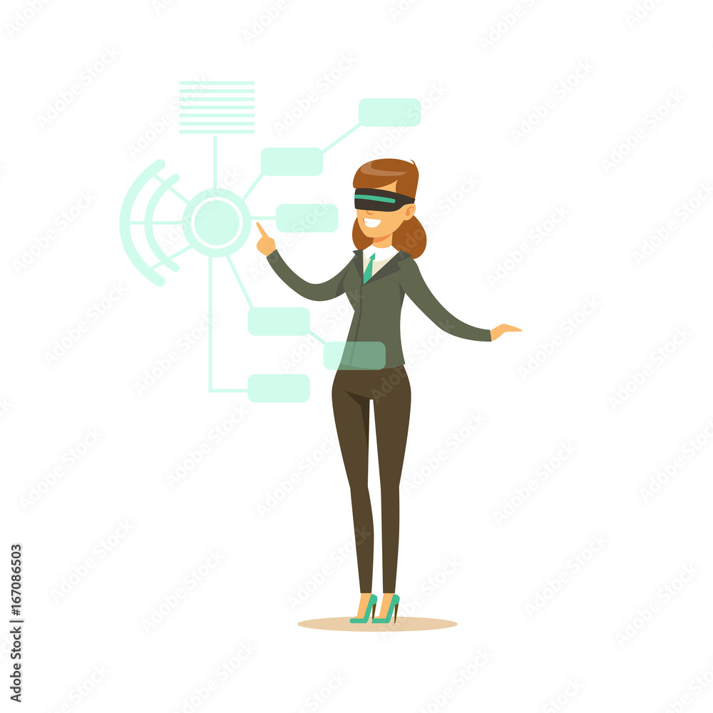 Fototapeta premium Businesswoman wearing VR headset working in digital simulation, future technology concept vector Illustration