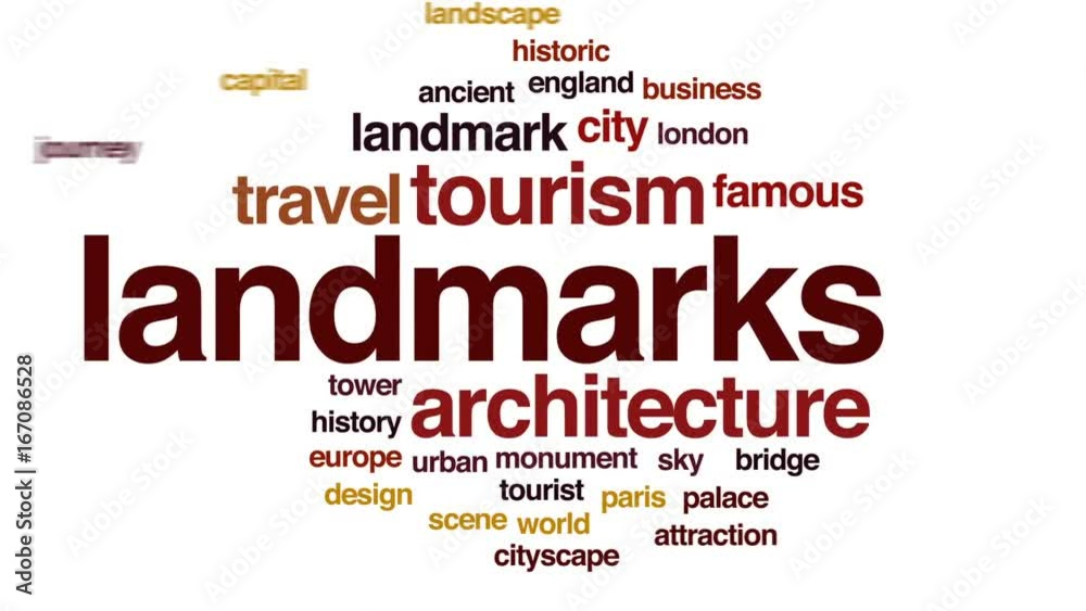 Landmarks animated word cloud, text design animation. Landmarks animated word cloud, text design animation.