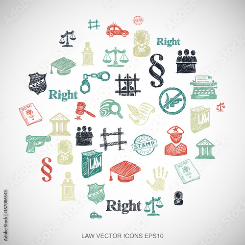 Multicolor doodles Hand Drawn Law Icons set on White. EPS10 vector illustration.