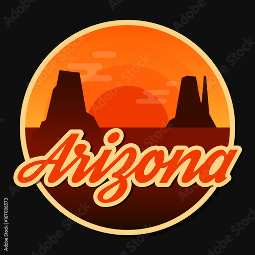 Travel Arizona destination retro round icon, emblem, sticker or badge in cartoonflat style with shadow. Sunset in Monument Valley, USA.