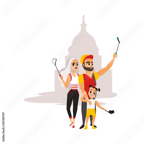 Vector family couple makes selfie on the background of muslim mosque. Flat cartoon style Isolated illustration on a white background. Man woman and child girl makes photo by selfie stick on vacation