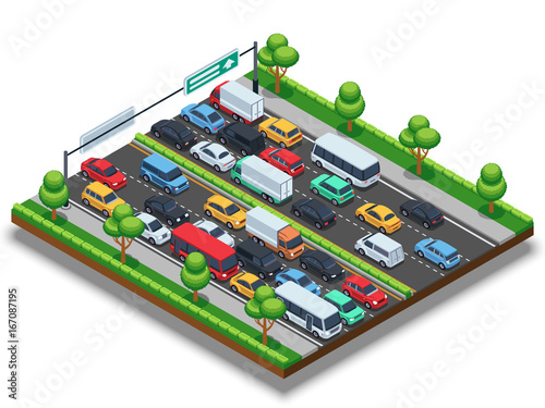 Isometric highway with traffic jam. 3d transportation vector concept with cars and trucks