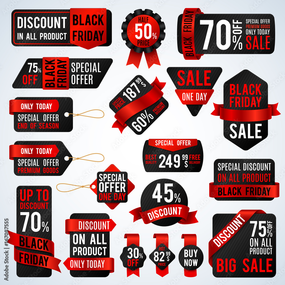 Black friday sale banners and price tag labels, selling card and discount stickers vector set