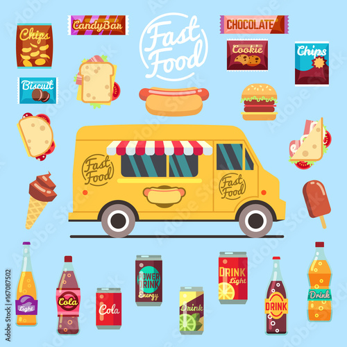 Food truck with big set summer meal  fast food snacks  bottle drinks and ice cream. Flat vector illustration