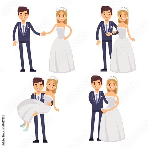 Cartoon wedding couple. Just married vector characters