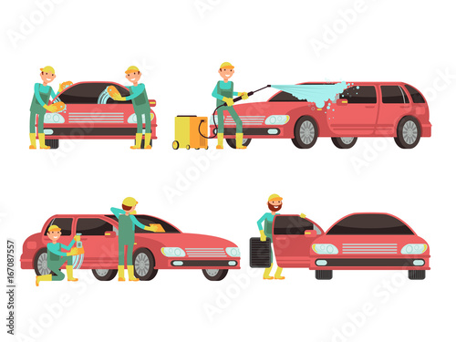 Washing car services vector concepts with cars and cleaners