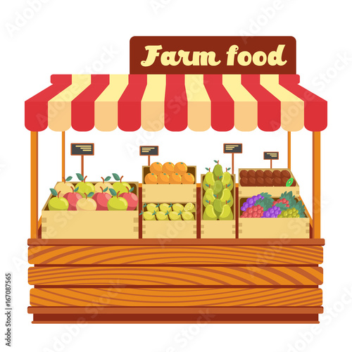 Market wood stand with farm food and vegetables in box vector illustration